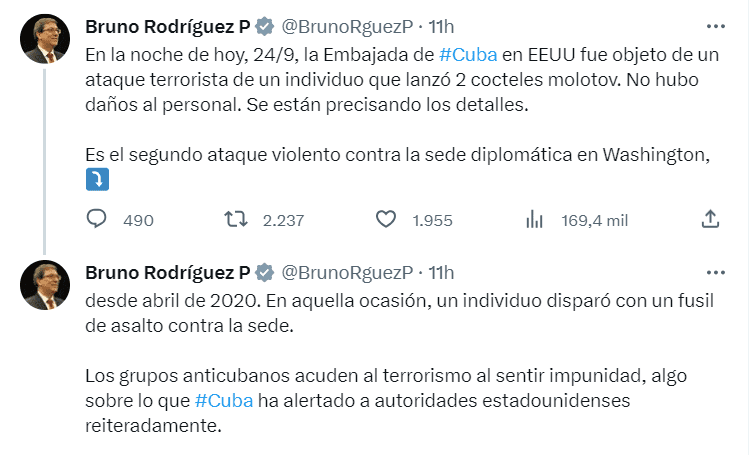 Bruno Rodríguez, canciller de Cuba en Estados Unidos, informó que un hombre lanzó bombas molotov a la embajada de su país en Washington.